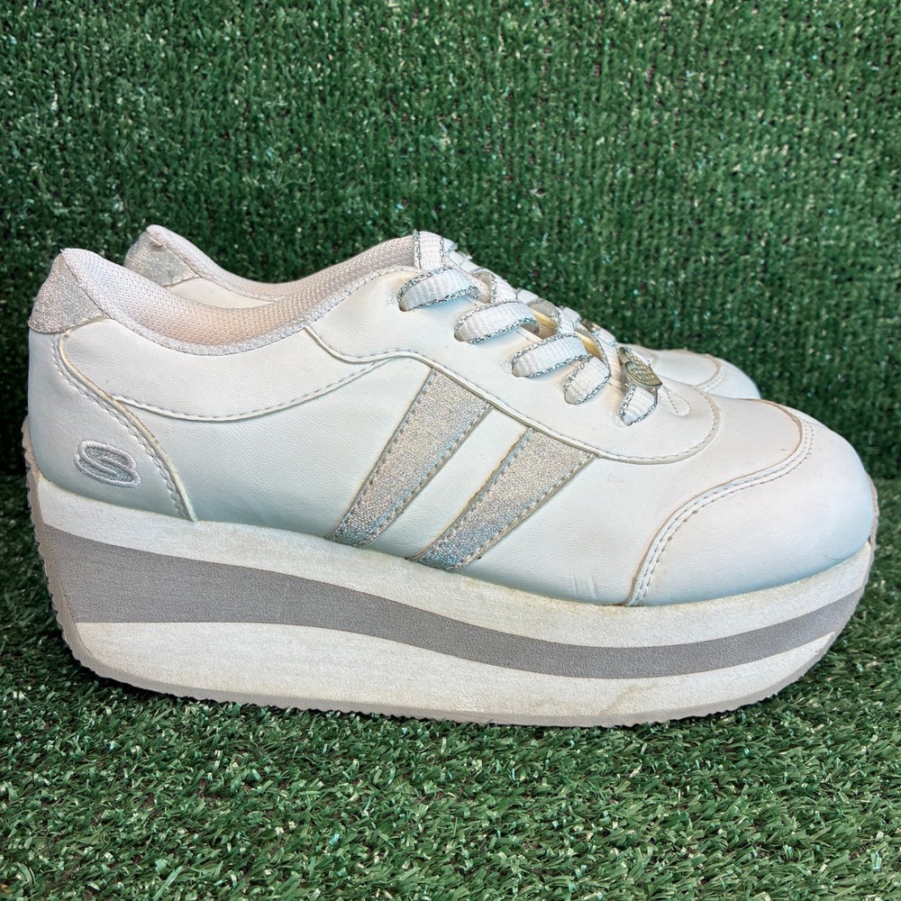 Skechers Somethin Else 3992 Platform Glitter Y2K Chunky Sneaker White Womens 8.5